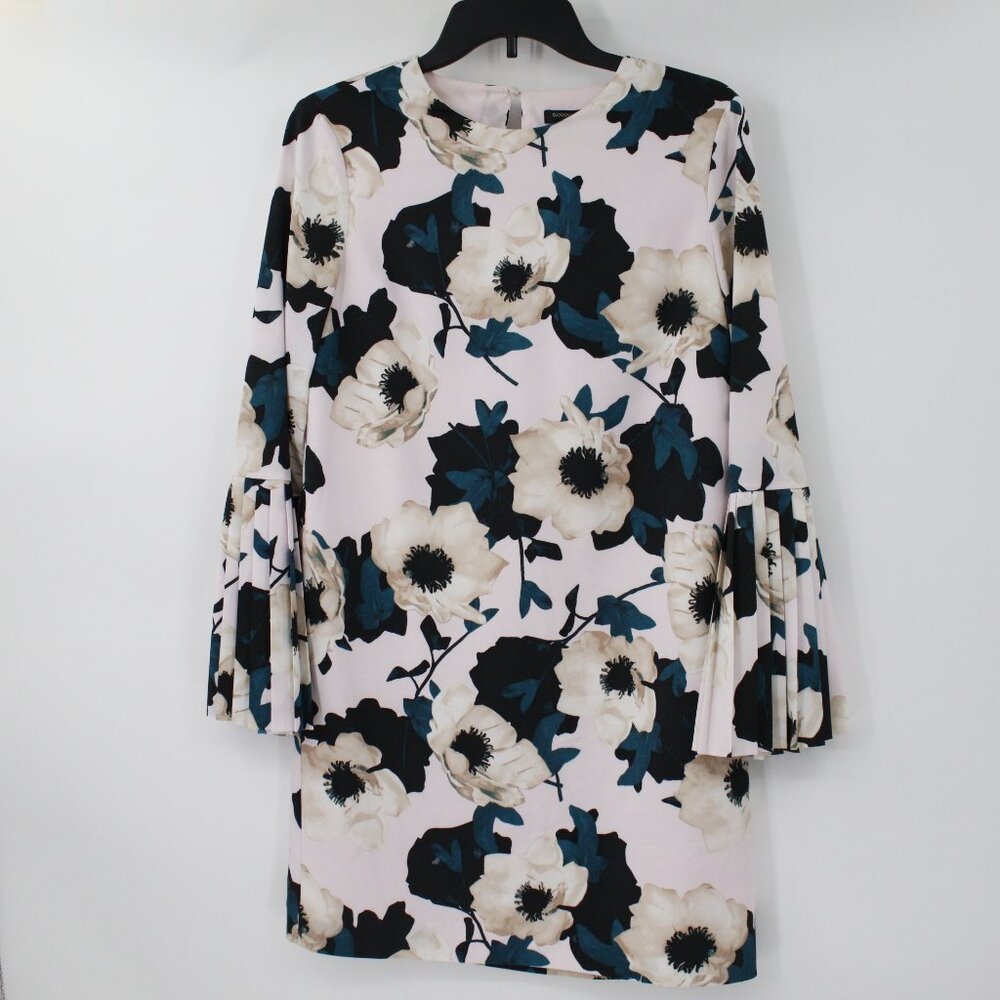 Banana Republic Shift Dress Women 2 Magnolia Print Pleated Bell Sleeve Crew Neck